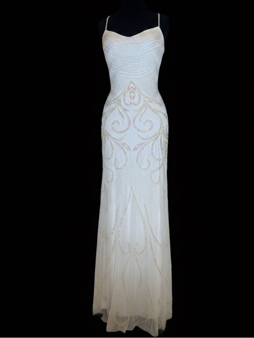 Elegant White hand Beaded Spaghetti-Strap Evening Dress stretch fabric stunning
